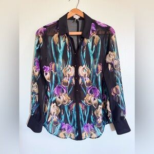 Dynamite Black Blouse with Purple and Gold Floral Design